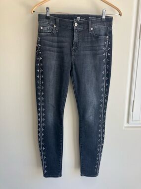 7 FOR ALL MANKIND Ankle Skinny Jeans Dark Grey Mid Rise Stretch Studded Size 29